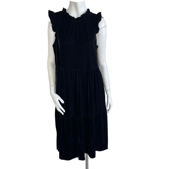 J Crew Sz 8 Black Velvet Tiered Midi Dress Ruffle Neck & Sleeve Stretch Pockets - Picture 1 of 13